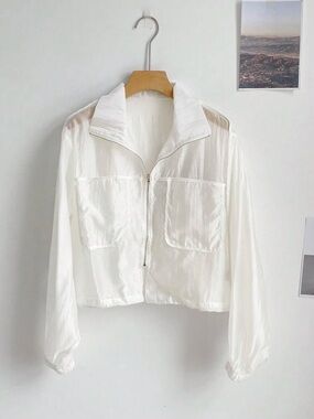 Lightweight White Zip-Front Cropped Bomber Jacket